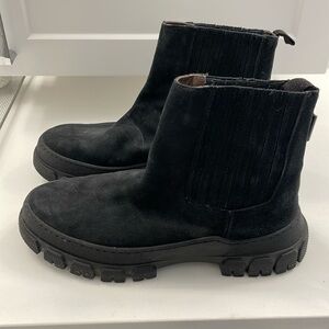 Italian made Buemos black suede short boots with thick non slip rubber sole.